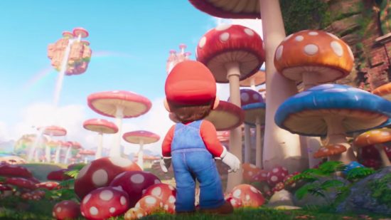 Screenshot of Mario surrounded by mushrooms in Super Mario movie screenshot