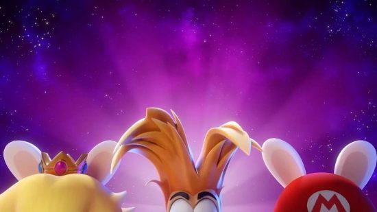 Mario and Rabbids Sparks of Hope DLC: a cosmic background shown, while a sneak peak is given of the heads of three characters: Rabbid Peach, Mario, and Rayman