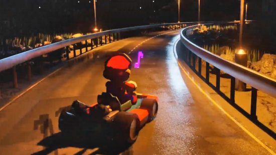 Mario Kart Blender fan art with Mario driving his kart through a quiet nightime road with dim streetlights