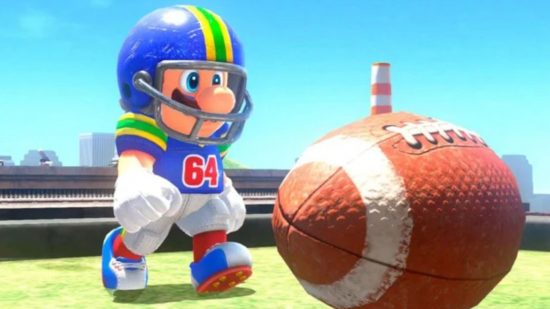 Screenshot of the Mario football concept art with Mario in an NFL football helmet about to kick the ball
