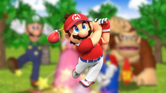 Image of Mario swinging his golf club in full clubhouse attire on a background of Luigi, DK, and Peach for Mario Golf Reddit poll news post