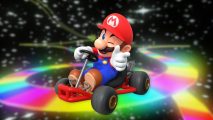 Custom image of Mario pointing at the camera on a Rainbow Road background for Mario Kart memes news piece