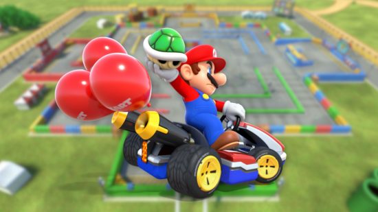 Custom image for Mario Kart Tour battle mode news with Mario and his customary three battle balloons