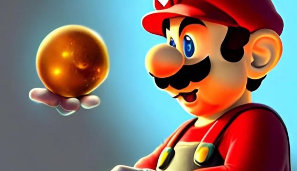 Mario Odyssey 2 ai concept of a frightening looking Mario looking at a golden ball suspended in the air