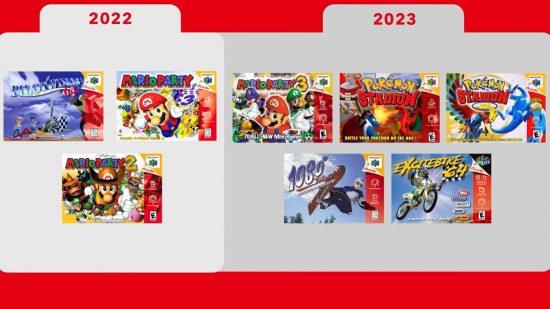 Two sectioned cards, one for 2022, one for 2023, behaving almost like tabs in a web browser. On the left is Cover art for three N64 games, on the right, cover art for 5 of them.