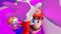 Screenshot for Mario + Rabbids Sparks of Hope review of Mario and Rabbid Peach making a leap of faith