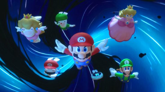 Mario and his trust crew of friends blasting further off into space screenshot for Mario + Rabbids Sparks of Hope review
