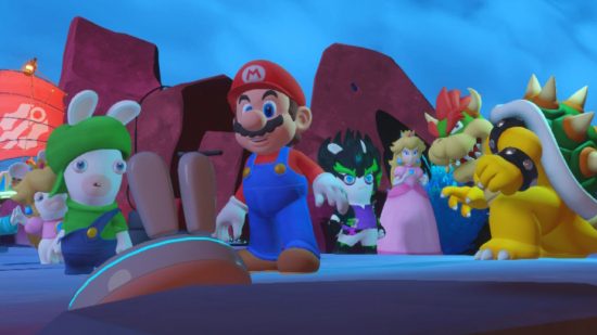 Screenshot of Mario and the rest of the crew in a new world for Mario + Rabbids Sparks of Hope review