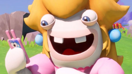 CLose up of Rabbid Peach on her phone for Mario + Rabbids Sparks of Hope review