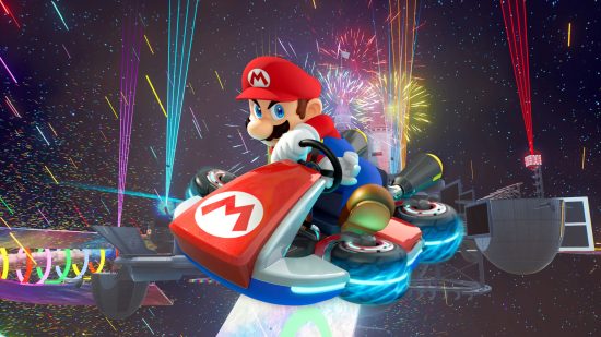 Custom image of Mario in his kart over an image of the Rainbow Road Fortnite Creative map