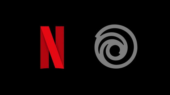 The Netflix logo (just a red captial N) next to the ubisoft logo (sort of a circle with a swirl around it, almost like a cinnamon bun) to represent Netflix's Ubisoft mobile games.