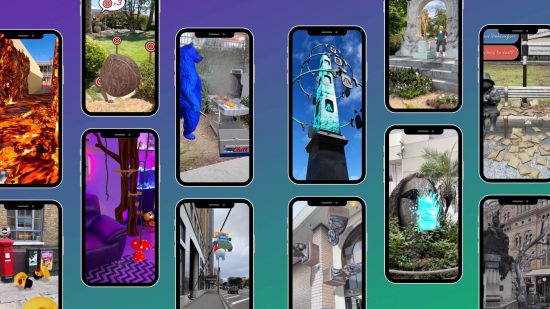 Niantic Lightship VPS: a series of phone screens display different uses of AR technology, mapped over real world locations