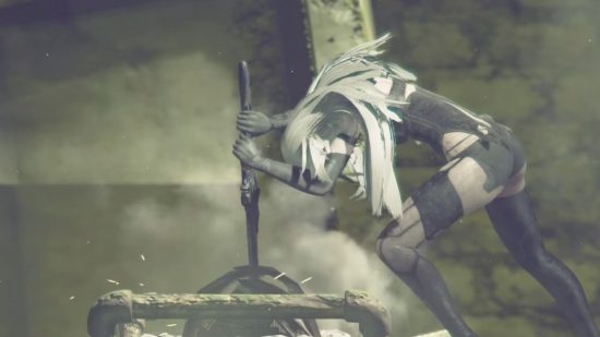 A2 from Nier Automata, bent over, long silver hair over her back, plunging a sword into a cradle. She's wearing a tattered skintight suit.