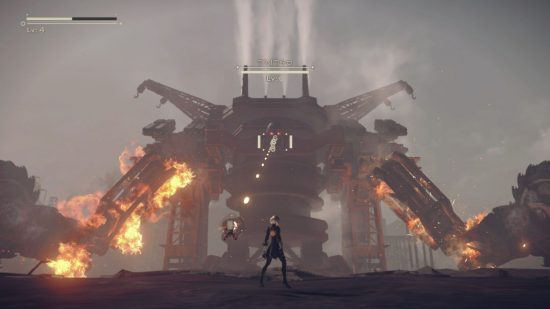 2B from Nier Automata stands before a giant oil rig-esque mechanical boss, with giant saw arms and steam emanating from its back.