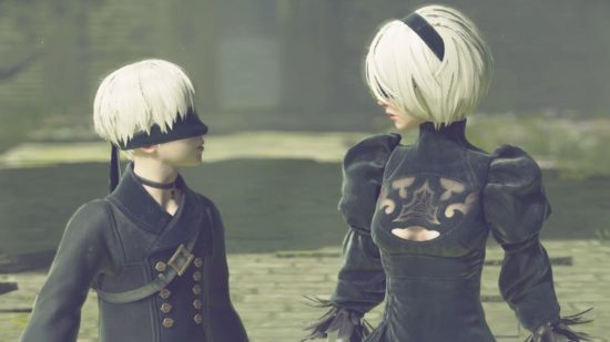 9S and 2B looking at each other in a scene from Nier Automata Switch. 9S is a short haired boy-like android with a black, almost 1800s-ish outfit and a black blindfold. 2B is similarly gothic, with an ornate black dress, black hair band in silver hair, and black blindfold.