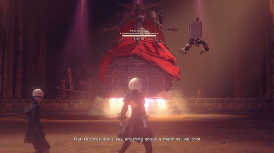 2B stands before a large, red-robed mechanical thing, sort of looking like a giant opera singer, with flames emanating from below them.