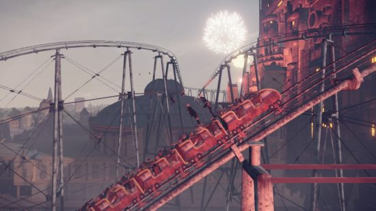 2B and 9S riding a rollercoaster in a screenshot for Nier Automata on Nintendo Switch. In the background a firework goes off above other rollercoaster rails.