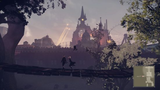 A large Disneyland-like castle in the distance is enshrouded with fireworks as 9S and 2B from Nier Automata run across a wooden platform in the woods.