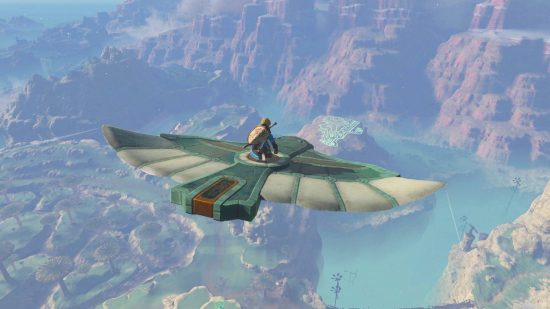Nintendo Direct September 2022: A screenshot from The Legend of Zelda: Tears of the Kingdom shows Link riding on the back of a large mechanical bird over the land of Hyrule