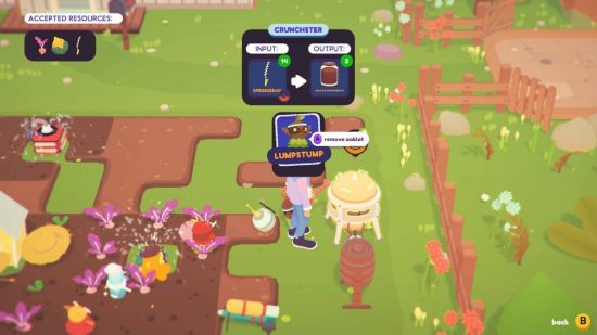 Ooblets beanjuice: a screenshot from the game Ooblets details how to make the food known as beanjuice