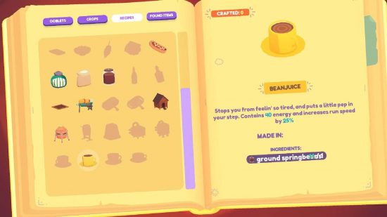 Ooblets beanjuice: a screenshot from the game Ooblets details how to make the food known as beanjuice
