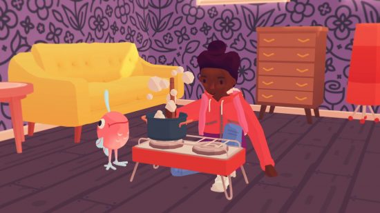 Ooblets beanjuice: a character stoops down to cook on a small stove