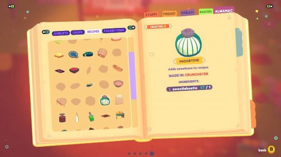 Ooblets froobtose: a screenshot from the game Ooblets shows a menu, detailing infomation about the item known as froobtose