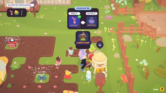 Ooblets froobtose: a screenashot from the game ooblets shows a character suing a cruncher to create the item known as froobtose