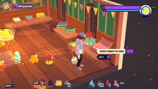 Ooblets froobtose: a screenshot from the game Ooblets shows a character stood in a seed shop getting ready to buy som e