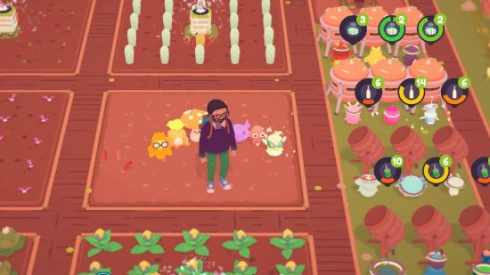 Ooblets froobtose: a screenshot from the game Ooblets shows a character stoof in the mdidle of their farm, and to their left, a series of machines making different consumable items and collectables
