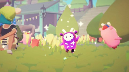 Ooblets gleamy: a screenshot from the game ooblets displays a small creature surrounded in sprakling stars, making it a gleamy ooblet