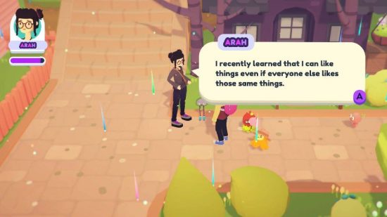 Ooblets lśniące: zrzut ekranu z gry ooblets wyświetla postać komunikującą się z inną postacią, podczas gdy tęczowy deszcz spada z nieba, znany jako lśniący deszcz