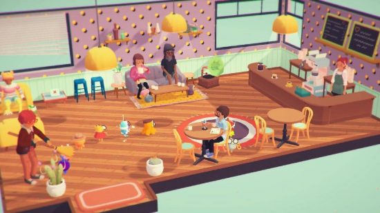 Ooblets how to eat: a chaarcter surrounded by small vegetable creatures sits in a cafe