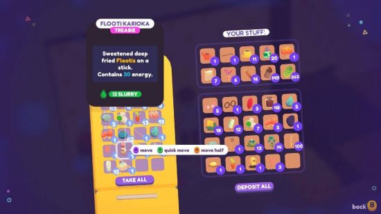 Ooblets how to eat: a screenshot from the game Ooblets shows the contents of a fridge 