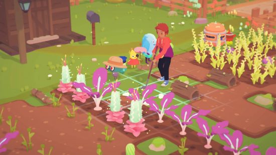 Ooblets nurnies: a screenshot from the game Ooblets shows a character exploring there farm and clearing debris