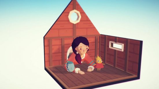 Ooblets nurnies: a screenshot from the game Ooblets shows a character croaching into a small wooden hut known as an Oobcoop