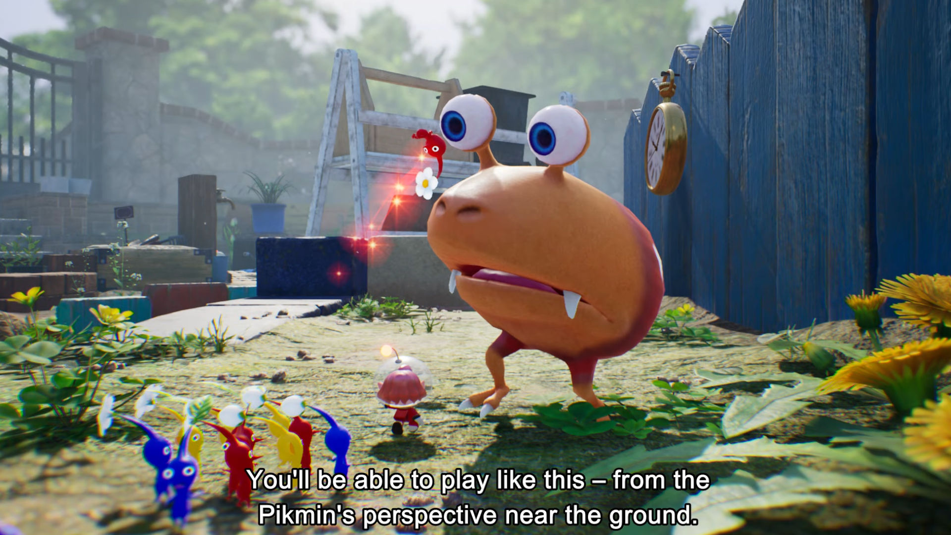 Screenshot of Pikmin 4 gameplay with the tiny characters following their leader around a beautiful in-game world