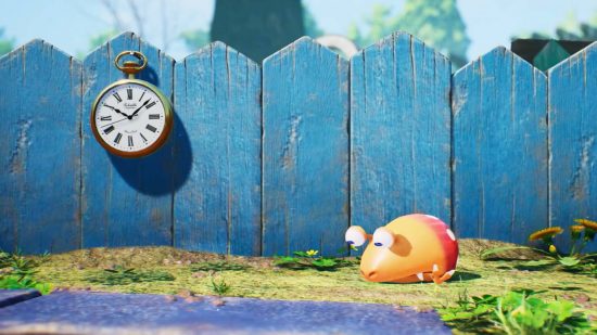 Pikmin 4 release date: key art for the game Pikmin 4 shows a Bulborb passed out on the floor of a garden, next to a large blue fence with a stopwatch on it