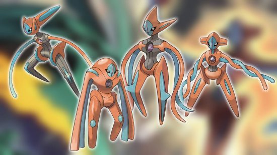 Pokemon Go Deoxys: key art shows the red and blue space Pokemon based on DNA, known as Deoxys