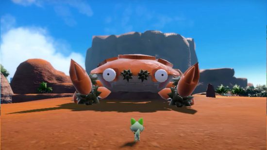 Pokemon Scarlet and Violet new Pokemon: a screenshot from the game Pokémon scarlet and Violet shows the rock crab Pokemon known as Klawf, in it's towering titan form,. A very large Klawf stands menacingly over a small Sprigatitio, ready to battle