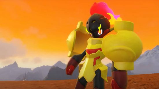 Pokemon Scarlet and Violet new Pokemon: a screenshot from the game pokemon Scarlet and Violet shows the ancient armour Pokemon Armarouge. it looks like a creature trapped in a suit of armour, and has flames coming out of it's eyes 