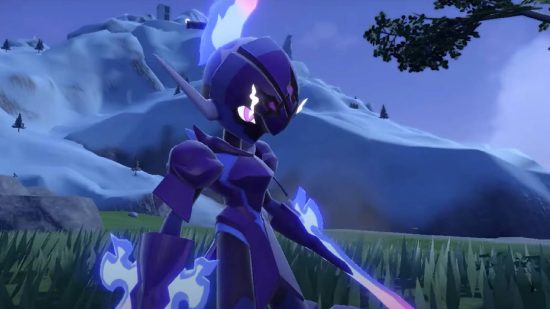 Pokemon Scarlet and Violet new Pokemon: a screenshot from the game Pokemon Scarlet and Violet reveales the ghost fire Pokemon Ceruledge, it looks like a creature trapped in a suit of armour with ghostly flames emanating from its body 