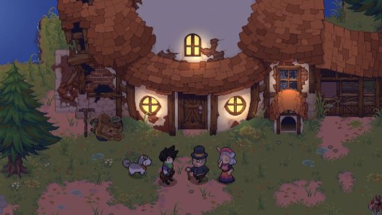 Potion Permit review - the player character and their dog talking to the mayor and his wife in front of a run-down cottage