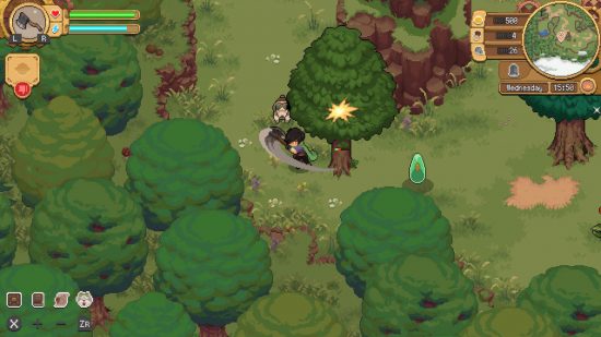Potion Permit review - the player chopping down a tree