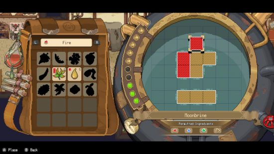 Potion Permit review - potion brewing screen, showing multiple ingredients slotting into a puzzle