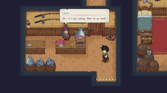 Potion Permit review - the player character talking to an NPC in a shop