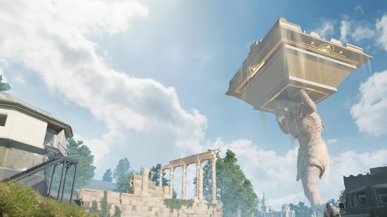 A massive statue of a man holding up an inverted pyramid stands tall in the blue cloudy sky in a screenshot from PUBG Mobile.