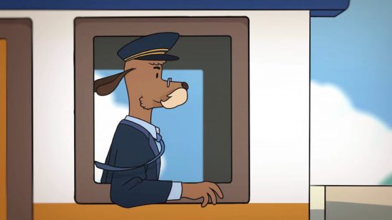 Screenshot from Railbound release date trailer of a dog train driver driving along on his way