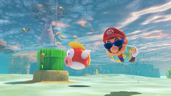 Reddit best Mario game: a screenshot from Super Mario Odyssey shows Mario swimming in a lake