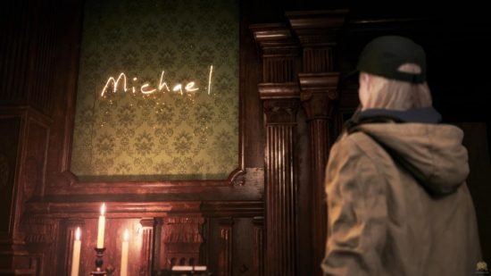 Rose reading some writing on the wall in the Resident Evil Village DLC
